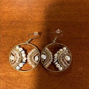 Boho Beaded Hoop Earrings in Gold and Cream